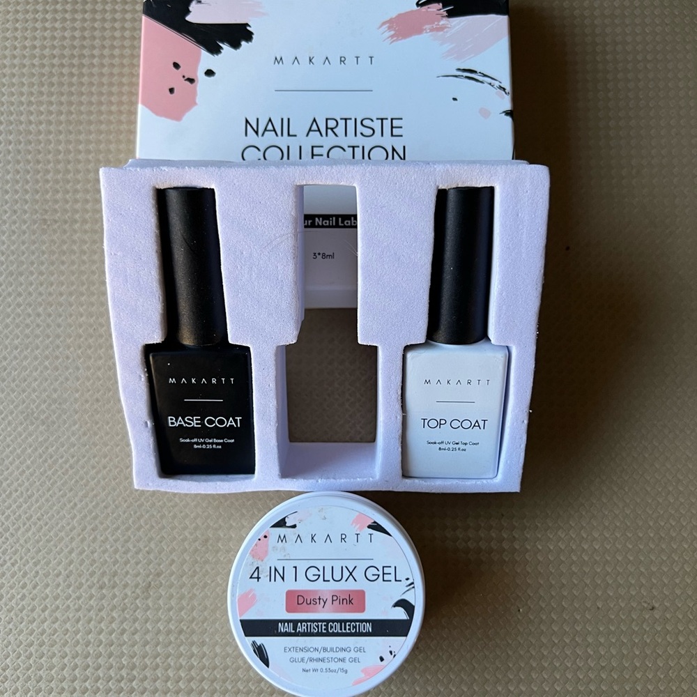 🛍️SET Makartt 4 in 1 Glux Gel Dusty Pink Top & Base Coat Nail Artiste Collection